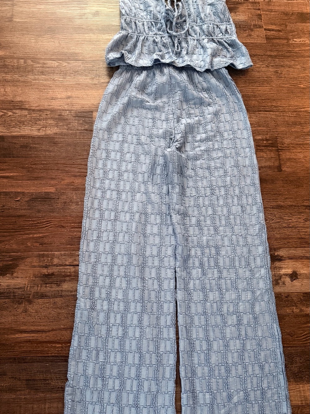 Light Blue Wide-Leg Jumpsuit with Smocked Waist